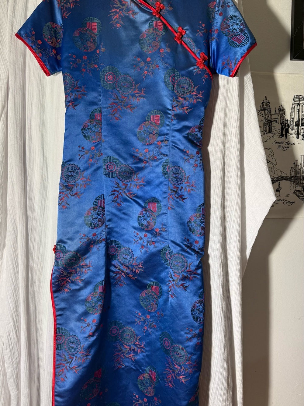 Blue Satin Cheongsam Dress with Red Trim